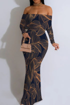 Tibetan Blue Casual Print Patchwork Backless Off Shoulder Long Dresses