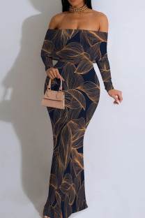 Tibetan Blue Casual Print Patchwork Backless Off Shoulder Long Dresses