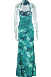 Green Elegant Print Patchwork Backless High Slit Halter Long Dresses