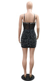 Black Sexy Hot Club Patchwork Hot Drilling Backless Spaghetti Strap Wrapped Skirt Dresses