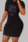 Black Casual Print Patchwork O Neck Wrapped Skirt Dresses