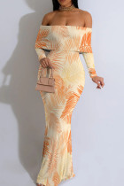 Light Orange Casual Print Patchwork Backless Off Shoulder Long Dresses