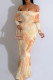 Light Orange Casual Print Patchwork Backless Off Shoulder Long Dresses