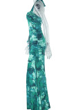 Green Elegant Print Patchwork Backless High Slit Halter Long Dresses