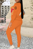 Rose Red Casual Letter Print Contrast O Neck Long Sleeve Two Pieces