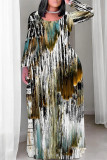 Multi-color Casual Geometric Print Flowers Pocket Contrast O Neck Printed Plus Size Dresses