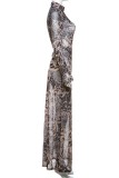 Khaki Sexy Print See-Through Turtleneck Long Dresses