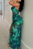 Green Elegant Print Patchwork Backless High Slit Halter Long Dresses