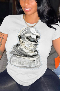 White Casual Street Figure Print O Neck T-Shirts