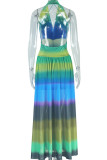 Green Elegant Print Patchwork High Slit Deep V Neck Long Dresses