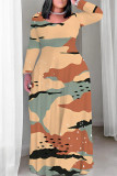 Multi-color Casual Geometric Print Flowers Pocket Contrast O Neck Printed Plus Size Dresses