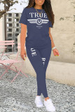 Rose Red Casual Street Letter Print Contrast O Neck Short Sleeve Two Pieces