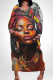 Brown Casual Print Pocket Patchwork V Neck Long Plus Size Dresses