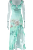 Light Green Elegant Print Hollow Out Patchwork High Slit Asymmetrical Collar Irregular Dresses