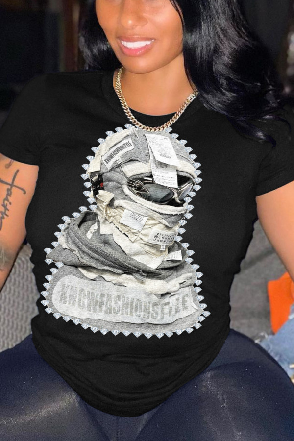 Black Casual Street Figure Print O Neck T-Shirts