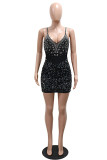 Black Sexy Hot Club Patchwork Hot Drilling Backless Spaghetti Strap Wrapped Skirt Dresses
