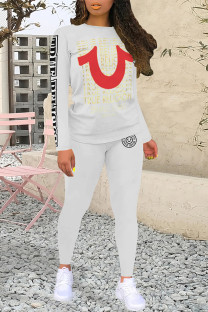 White Casual Letter Print Contrast O Neck Long Sleeve Two Pieces
