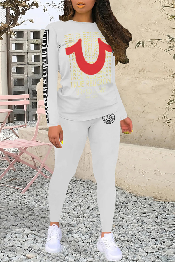 White Casual Letter Print Contrast O Neck Long Sleeve Two Pieces