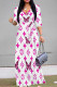 Rose Red Casual Letter Print Gradient Lace Up Contrast V Neck Printed Dresses