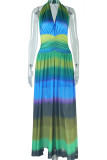 Green Elegant Print Patchwork High Slit Deep V Neck Long Dresses