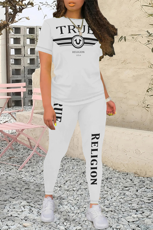 White Casual Street Letter Print Contrast O Neck Short Sleeve Two Pieces
