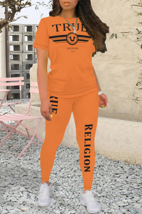 Orange Casual Street Letter Print Contrast O Neck Short Sleeve Two Pieces