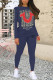 Navy Blue Casual Letter Print Contrast O Neck Long Sleeve Two Pieces
