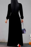 Black Elegant Solid Color Lace Up V Neck Long Dresses