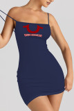 Grey Sexy Letter Print U Neck Sling Dresses
