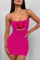 Rose Red Sexy Letter Print U Neck Sling Dresses