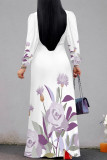 Purple Elegant Floral Print Lace Up Contrast V Neck Printed Dresses