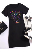 Black Casual Print Patchwork O Neck Wrapped Skirt Dresses
