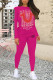 Rose Red Casual Letter Print Contrast O Neck Long Sleeve Two Pieces