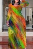 Multi-color Casual Geometric Print Flowers Pocket Contrast O Neck Printed Plus Size Dresses