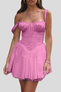 Pink Elegant Solid Color Patchwork Backless Spaghetti Strap Sling Dresses