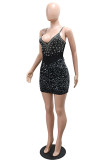 Black Sexy Hot Club Patchwork Hot Drilling Backless Spaghetti Strap Wrapped Skirt Dresses