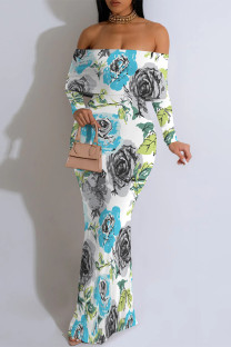 White Blue Sexy Floral Print Contrast Off Shoulder One Step Skirt Dresses