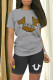 Grey Casual Letter Print Contrast O Neck Short Sleeve Two Pieces