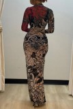 Khaki Sexy Print See-Through Turtleneck Long Dresses