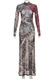 Khaki Sexy Print See-Through Turtleneck Long Dresses
