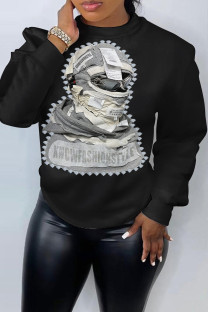 Black Casual Figure Print O Neck Tops