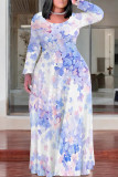 Multi-color Casual Geometric Print Flowers Pocket Contrast O Neck Printed Plus Size Dresses