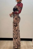 Khaki Sexy Print See-Through Turtleneck Long Dresses