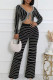 Black Casual Stripe Patchwork V Neck Long Sleeve Two Pieces