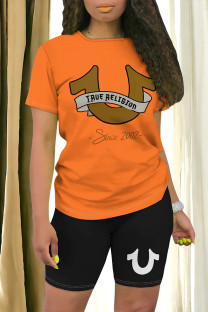 Orange Casual Letter Print Contrast O Neck Short Sleeve Two Pieces