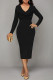 Black Elegant Solid Color Ruched V Neck One Step Skirt Dresses