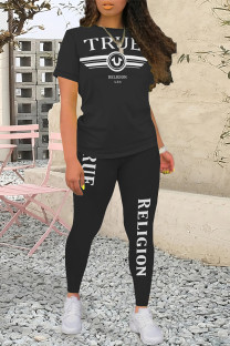 Black Casual Street Letter Print Contrast O Neck Short Sleeve Two Pieces
