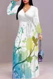 Purple Elegant Floral Print Lace Up Contrast V Neck Printed Dresses