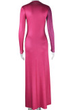 Rose Red Elegant Solid Color Patchwork High Slit O Neck Long Dresses
