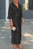 Black Elegant Solid Color Sequins Patchwork Slit V Neck Long Dresses